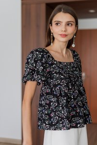 Fiorella Pleated Floral Top in Black (XS)