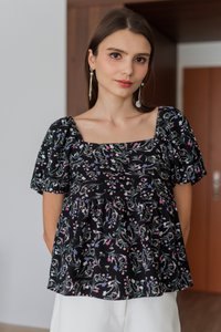 Fiorella Pleated Floral Top in Black (XS)