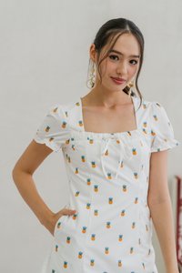 Lucy Tie Ribbon Pineapple Dress in White (XS)