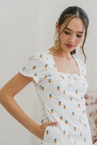 Lucy Tie Ribbon Pineapple Dress in White (XS)