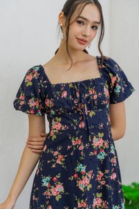 Jasmine Floral Ruched Midi Dress in Navy (XS)