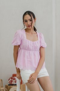 Harper Eyelet Tie Ribbon Top in Pink (XS)
