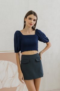 Sonia Smocked Puff Sleeve Top in Navy (XS)