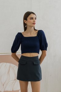 Sonia Smocked Puff Sleeve Top in Navy (XS)