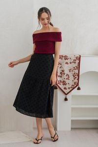 Anna Floral Eyelet Midi Tiered Skirt in Black (S)