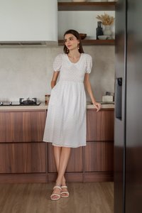 Jewel Smocked Eyelet Midi Dress in White
