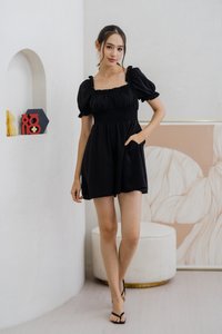 Cierra Ruched Smocked Romper in Black (XS)