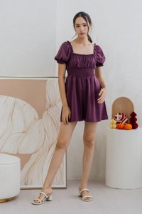Cierra Ruched Smocked Romper in Plum (XS)