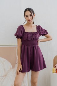Cierra Ruched Smocked Romper in Plum (XS)