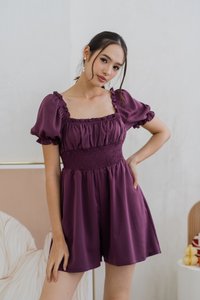 Cierra Ruched Smocked Romper in Plum (XS)