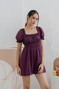 Cierra Ruched Smocked Romper in Plum (XS)