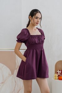 Cierra Ruched Smocked Romper in Plum (XS)