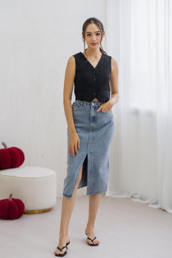 Iris Button Waistcoat in Black