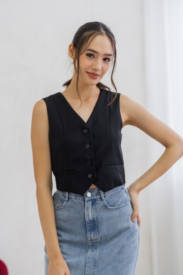 Iris Button Waistcoat in Black