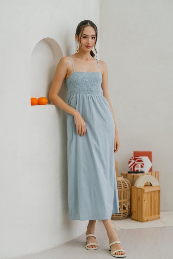 Maxine Camisole Smocked Maxi Dress in Blue