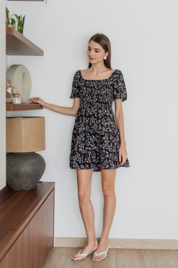 Fiorella Smocked Tiered Dress in Black (XS)