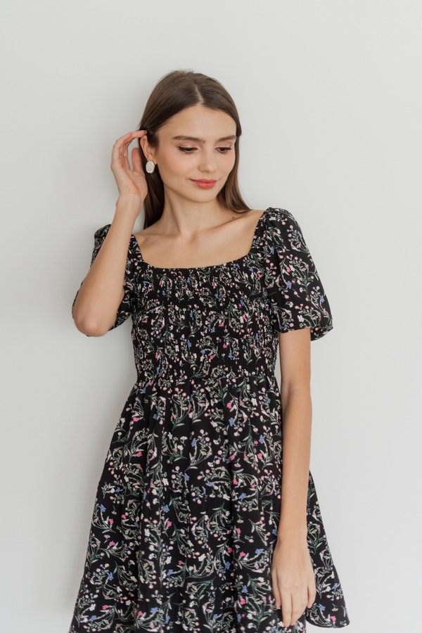Fiorella Smocked Tiered Dress in Black (XS)