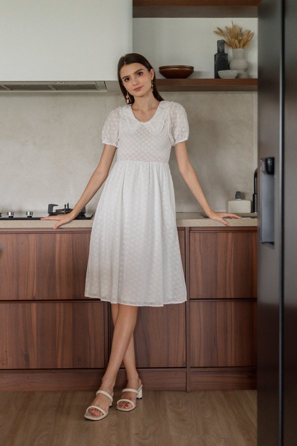 Jewel Smocked Eyelet Midi Dress in White