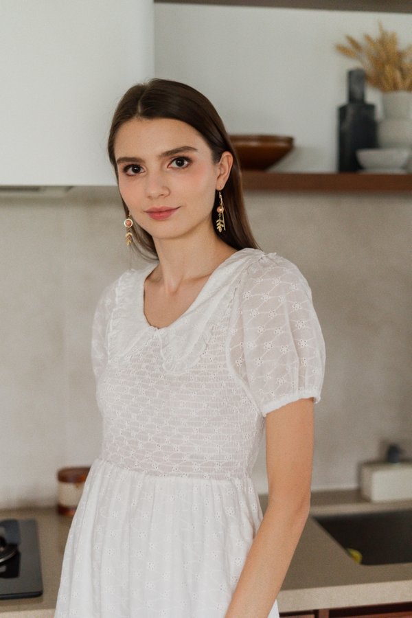 Jewel Smocked Eyelet Midi Dress in White
