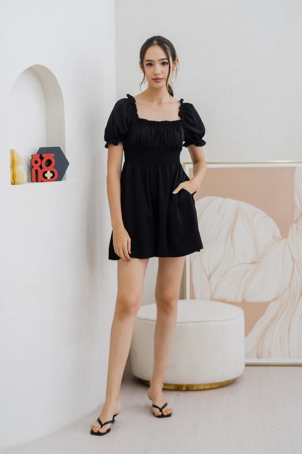 Cierra Ruched Smocked Romper in Black (XS)