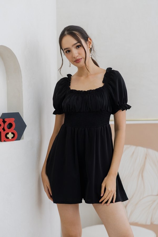 Cierra Ruched Smocked Romper in Black (XS)