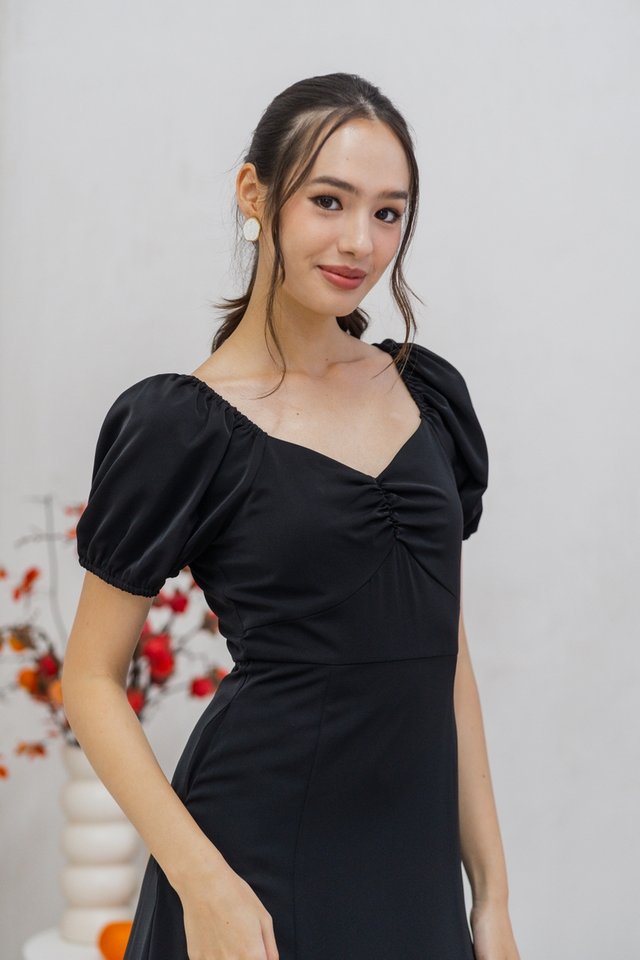 Madison Ruched Midi Dress in Black