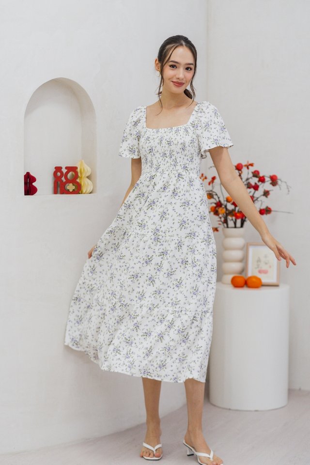 Ettie Floral Smocked Maxi Dress in White