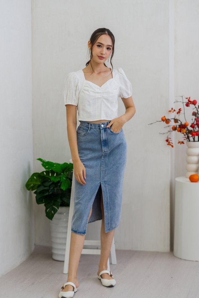 Cleo Eyelet Sweetheart Crop Top in White