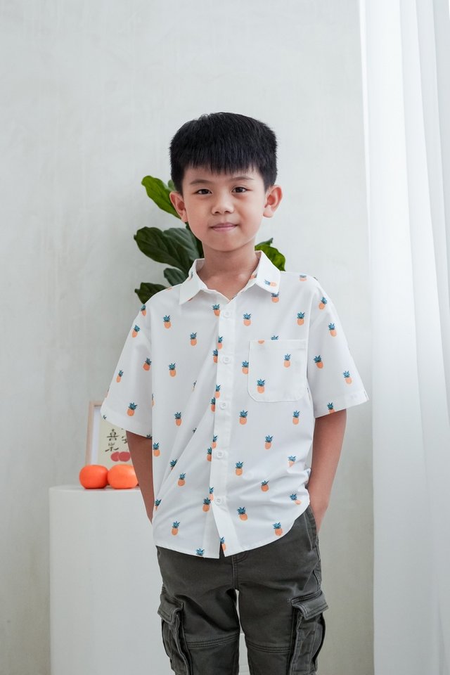 Lucy Button Down Pineapple Kids Shirt in White