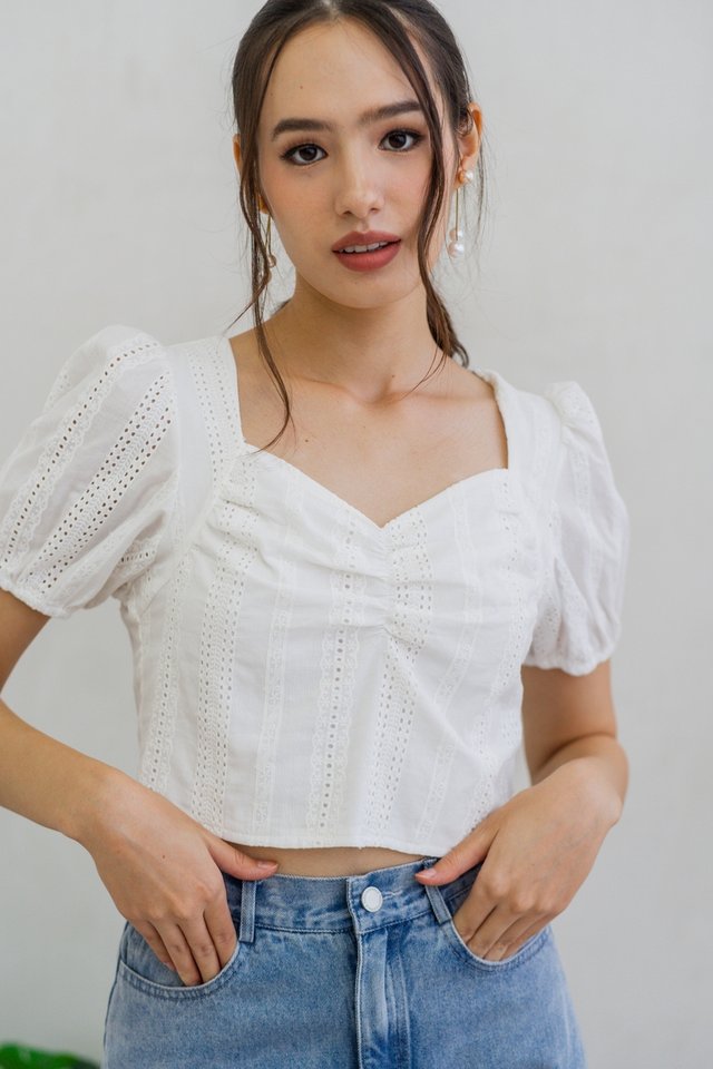 Cleo Eyelet Sweetheart Crop Top in White