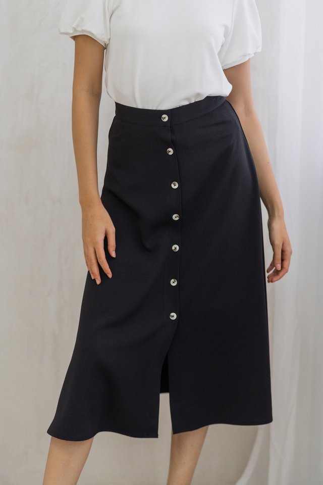 Corina Button Down Midi Skirt in Black