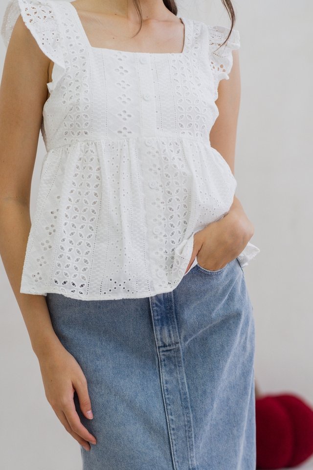 Cali Button Eyelet Babydoll Top in White
