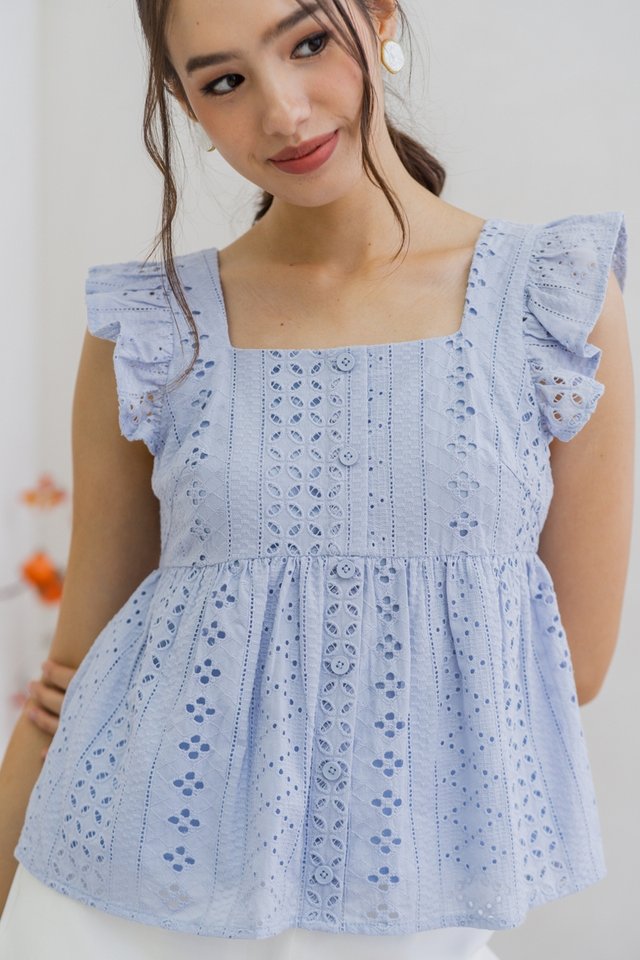 Cali Button Eyelet Babydoll Top in Blue