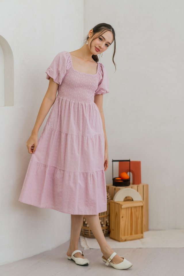 Faye Floral Eyelet Smocked Midi Dress in Pink