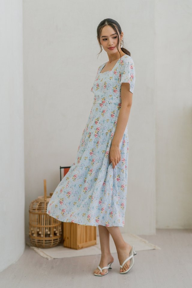 Winnie Floral Tiered Maxi Dress in Blue