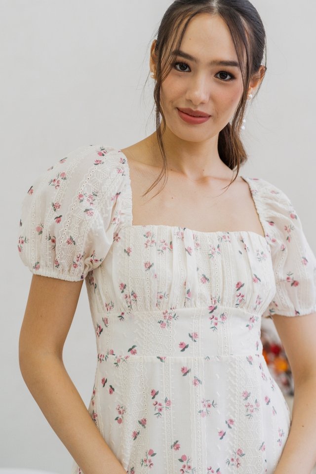 Emma Eyelet Floral Ruched Midi Dress in Rose