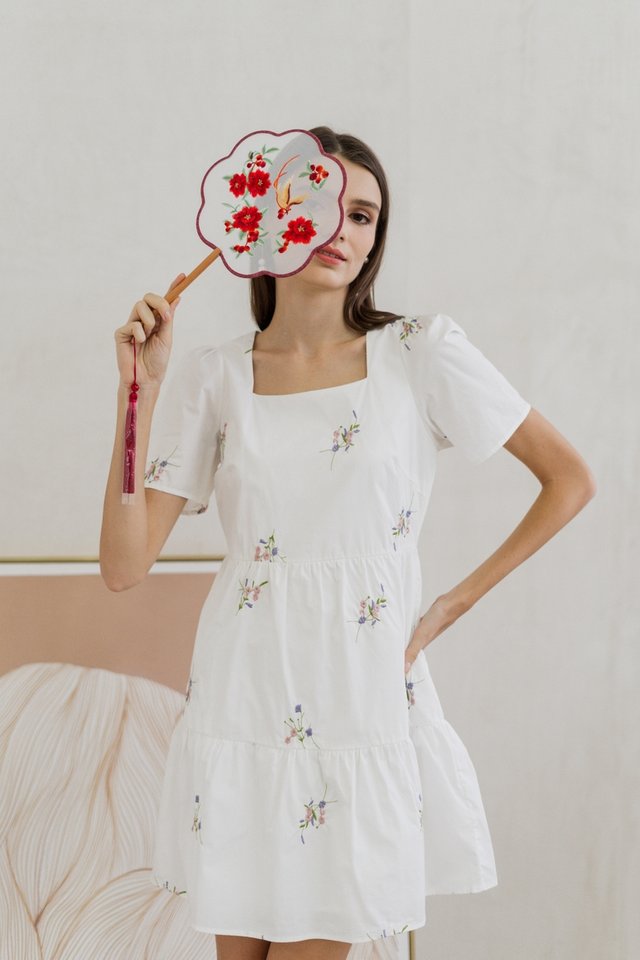Poppy Floral Embroidery Babydoll Dress in White