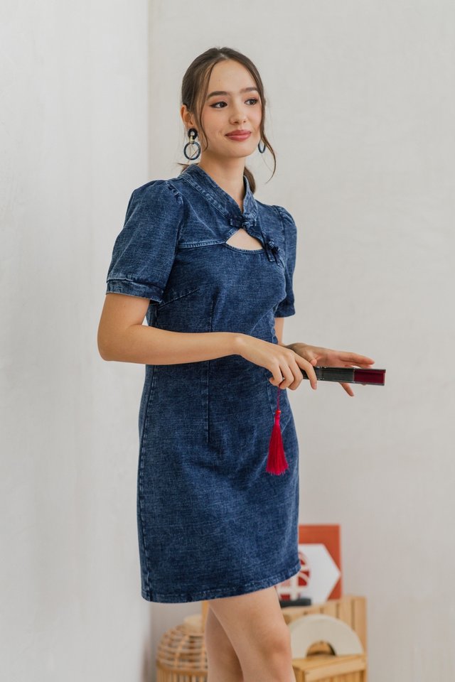 Celine Mandarin Collar Cheongsam Denim Dress 