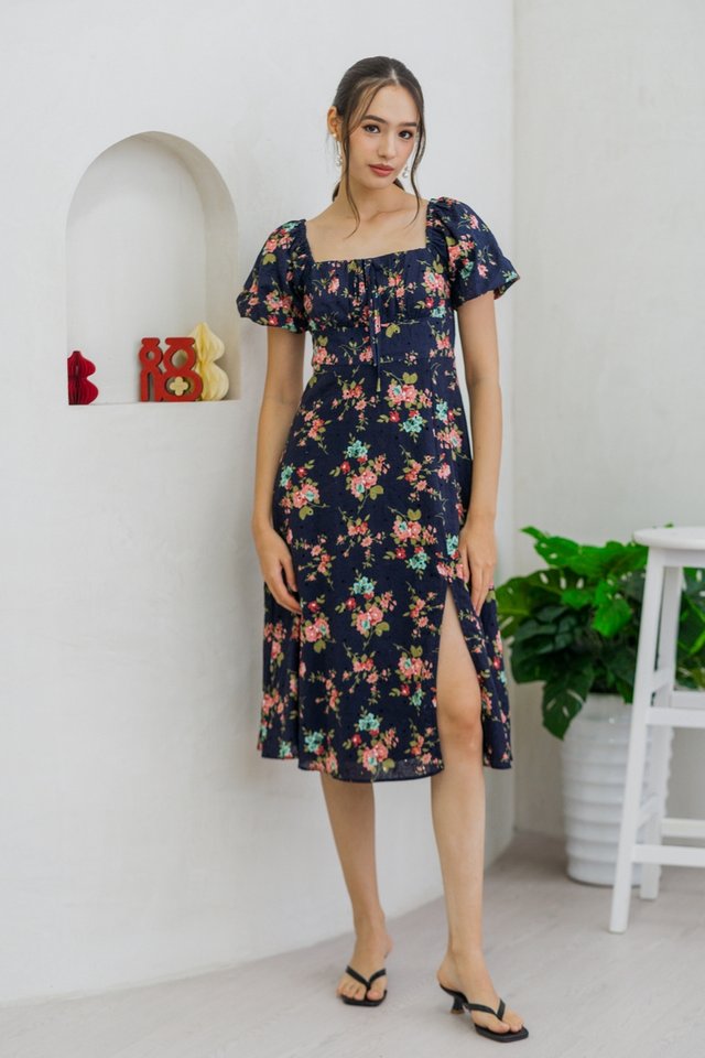 Jasmine Floral Ruched Midi Dress in Navy