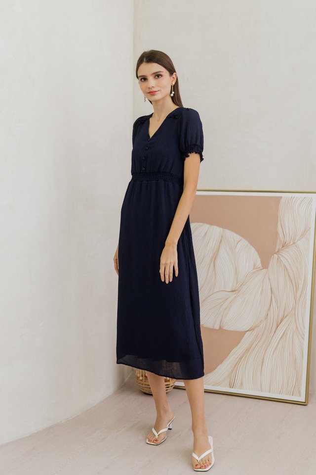 Leah Textured Button Maxi Dress in Navy