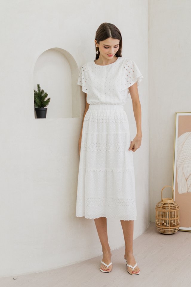 Eva Eyelet Midi Skirt in White