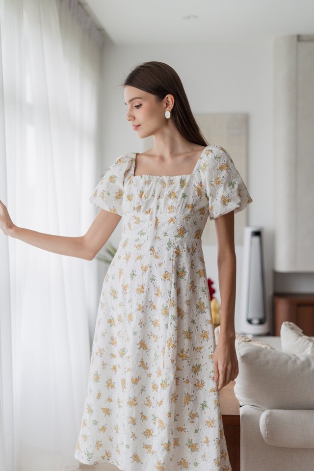 Millie Floral Eyelet Ruched Midi Dress in Yellow Dahlia 