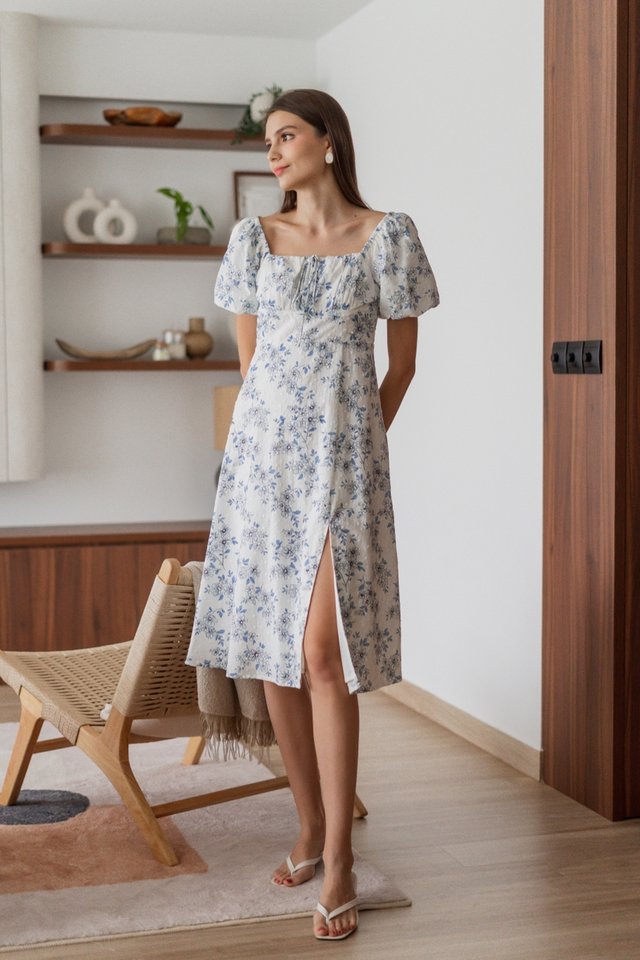 Lorna Floral Eyelet Ruched Midi Dress in Blue Florals 