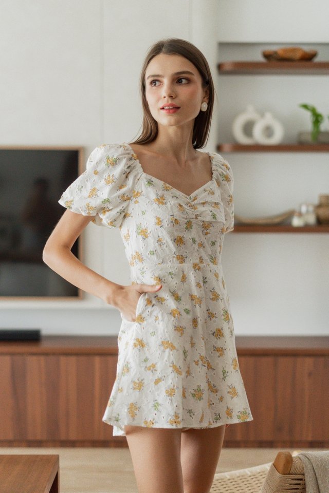 Millie Sweetheart Floral Eyelet Romper in Yellow Dahlia 