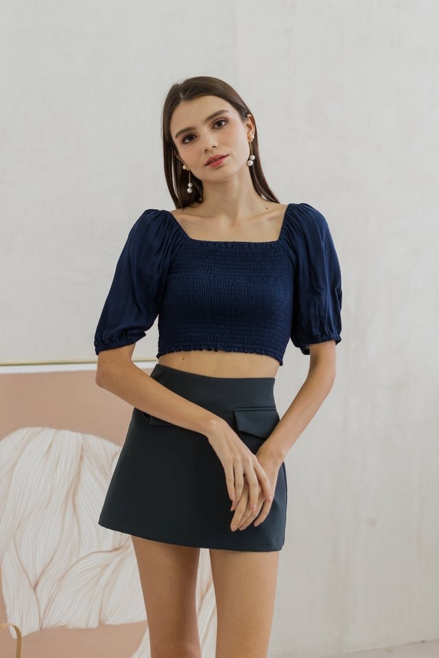 Sonia Smocked Puff Sleeve Top in Navy