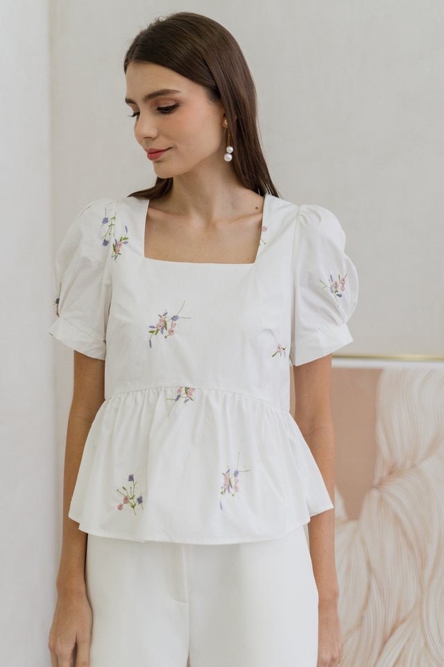 Poppy Floral Embroidery Babydoll Top in White