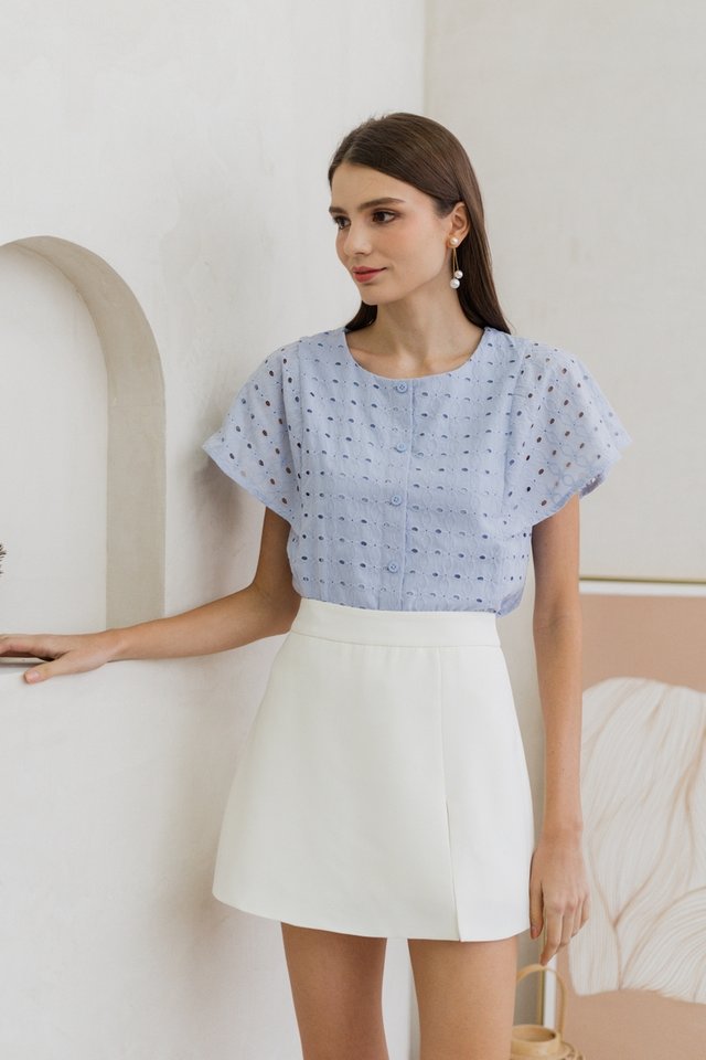 Frida Eyelet Button Top in Blue