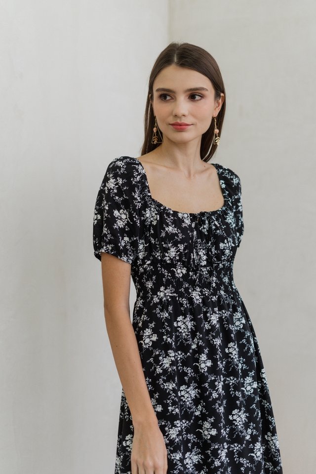 Lily Smocked Floral Maxi Dress in Black