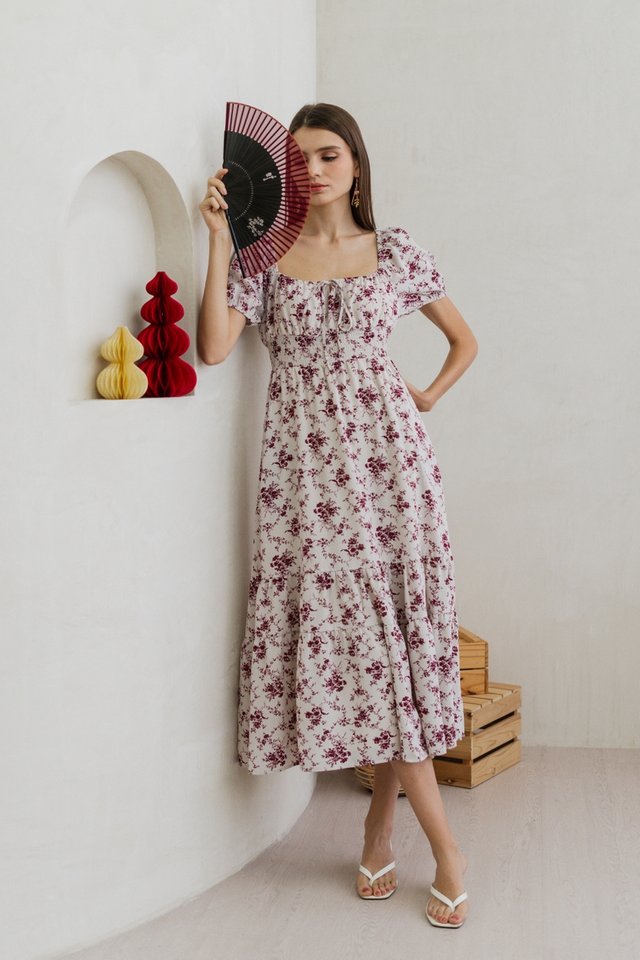 Lily Smocked Floral Maxi Dress in Wine