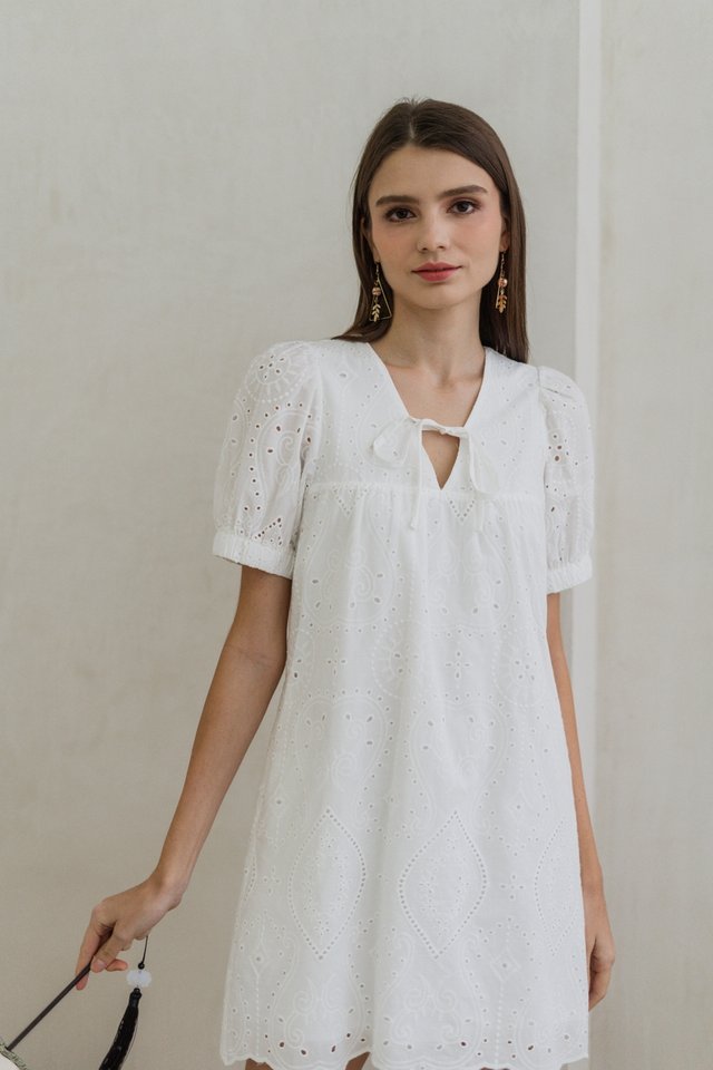 Ginny Front Tie Eyelet Dress in White